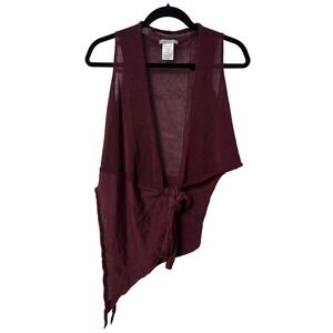 Sarah Pacini Italy Burgundy Linen Cotton Asymmetrical Open Knit Tie Front Vest